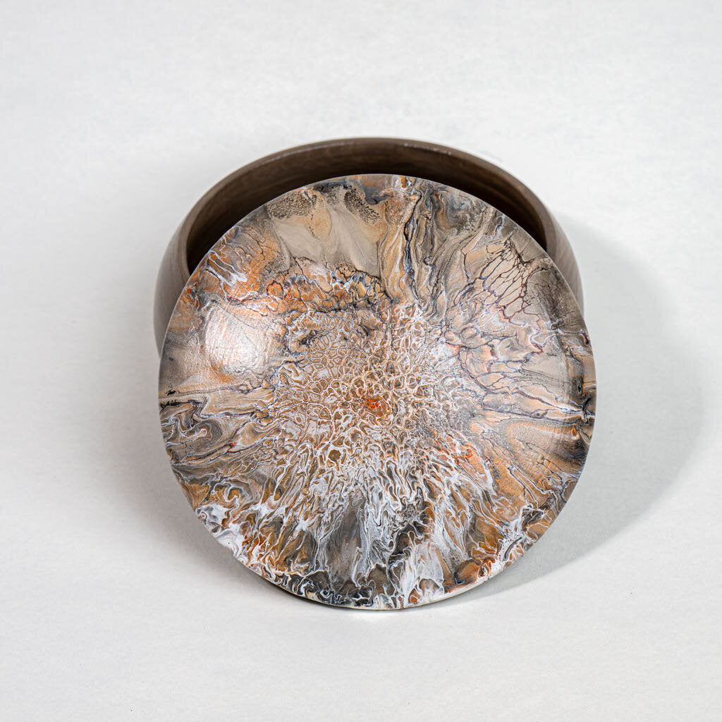 Handcrafted 5 inch round wooden trinket box - neutral colors, earth, tones, beige, white