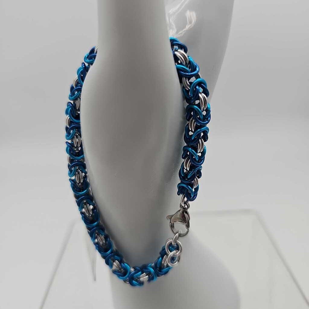 18SWG Silver, Blue, Turquoise Byzantine Bracelet 7.5-8 inches
