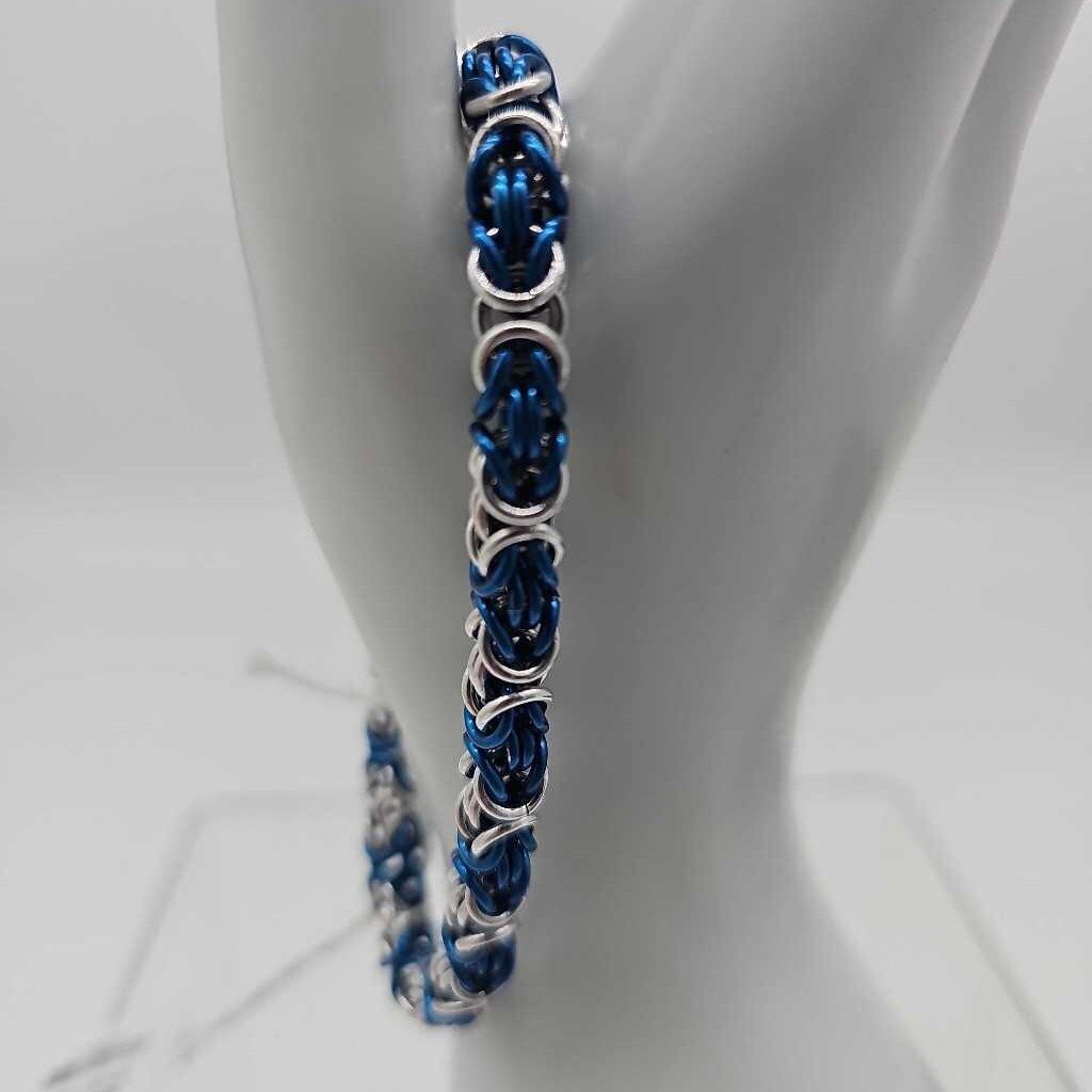 18SWG Silver, Blue Byzantine Bracelet 8-8.5 inches