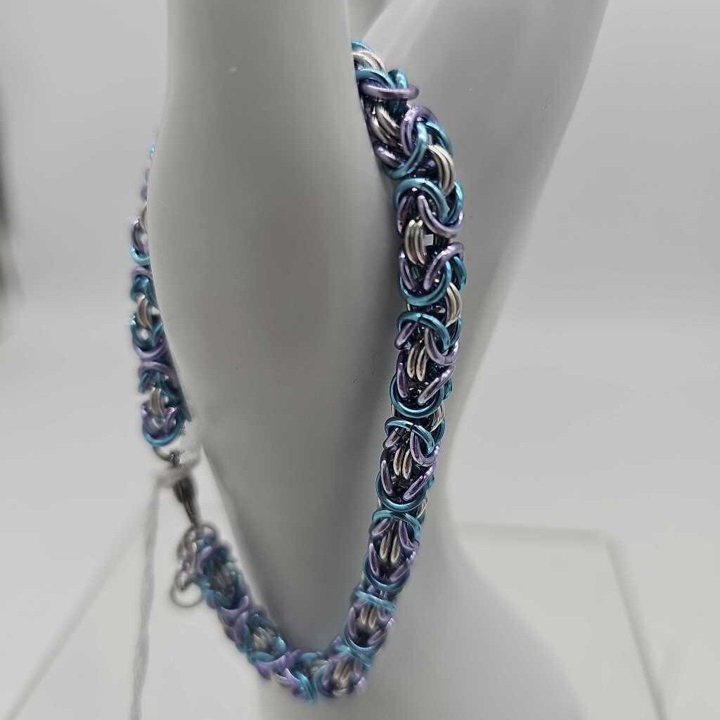 18SWG Silver, Light Blue, Light Purple Byzantine Bracelet 8-8.5 inches