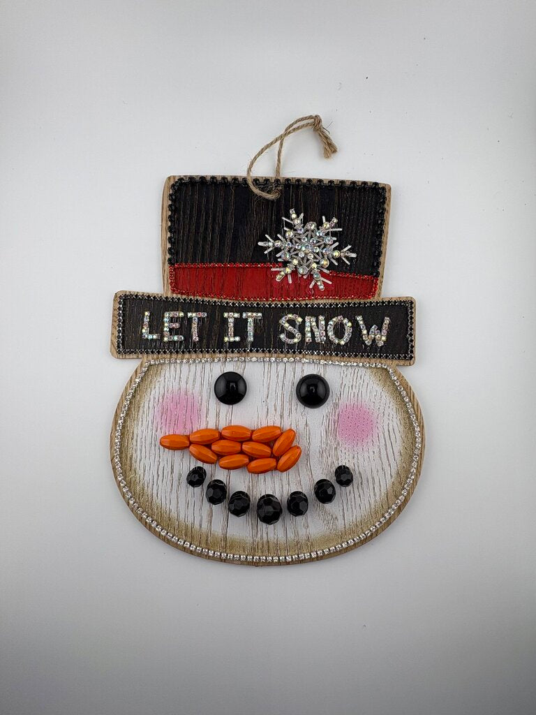 WOODEN PAINTED SNOWMAN FACE w/added jewelry accent, hangs