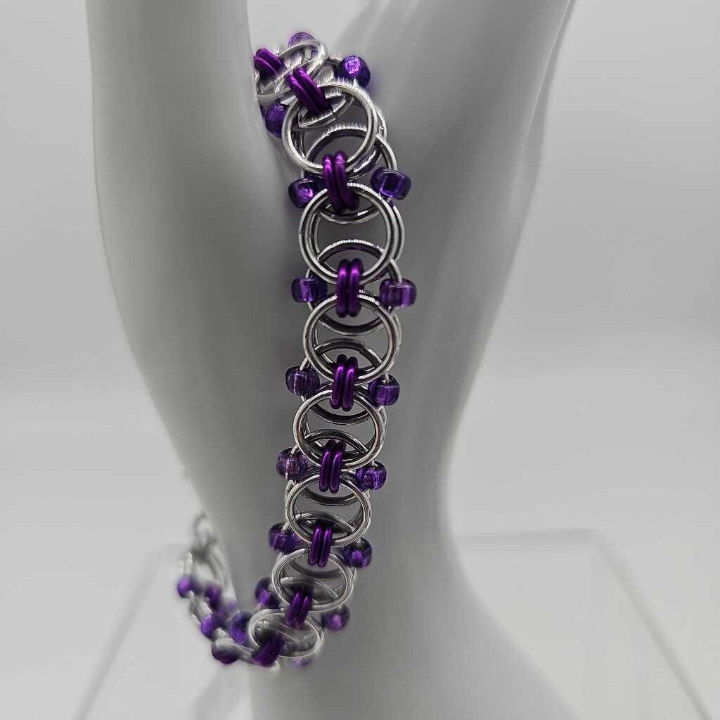 Silver and Purple Beaded Helm Weave Bracelet - 8 inches