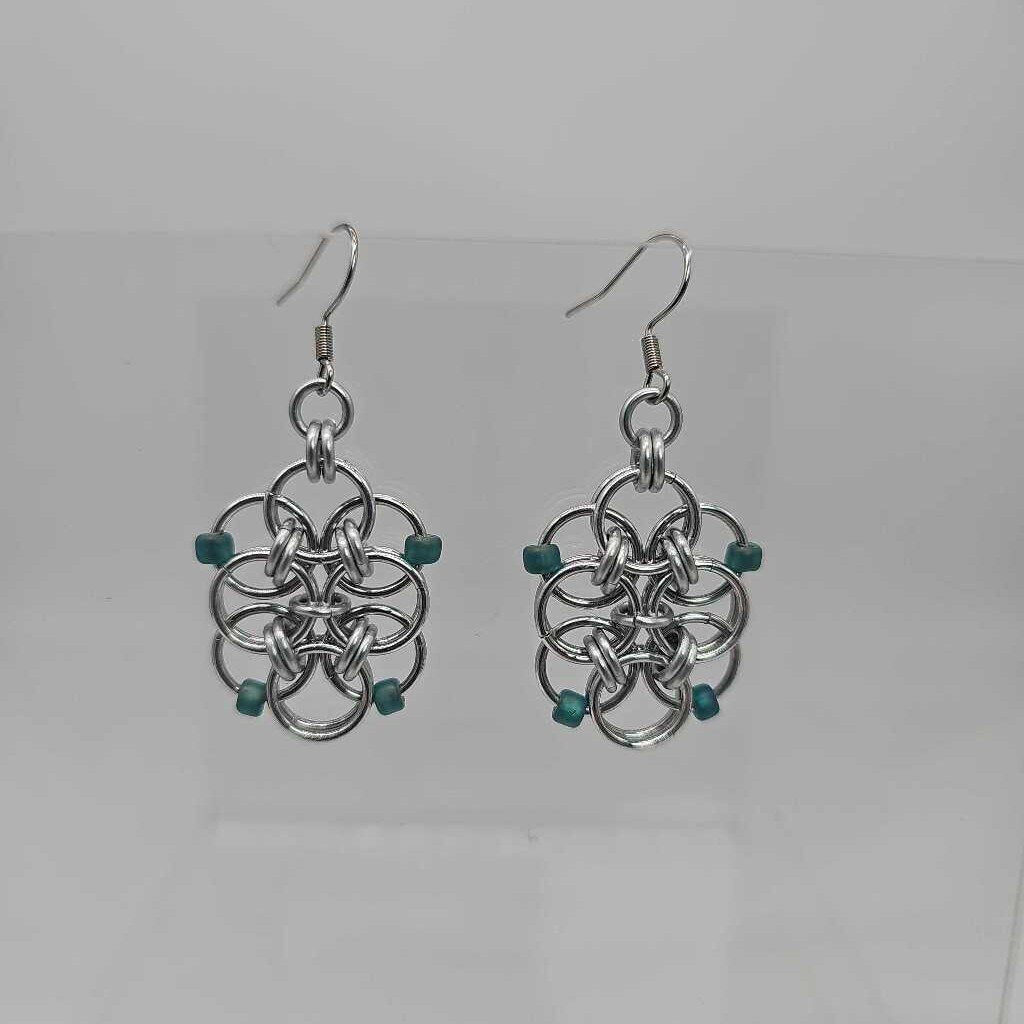 Silver Double Helm Weave Earrings Teal beads