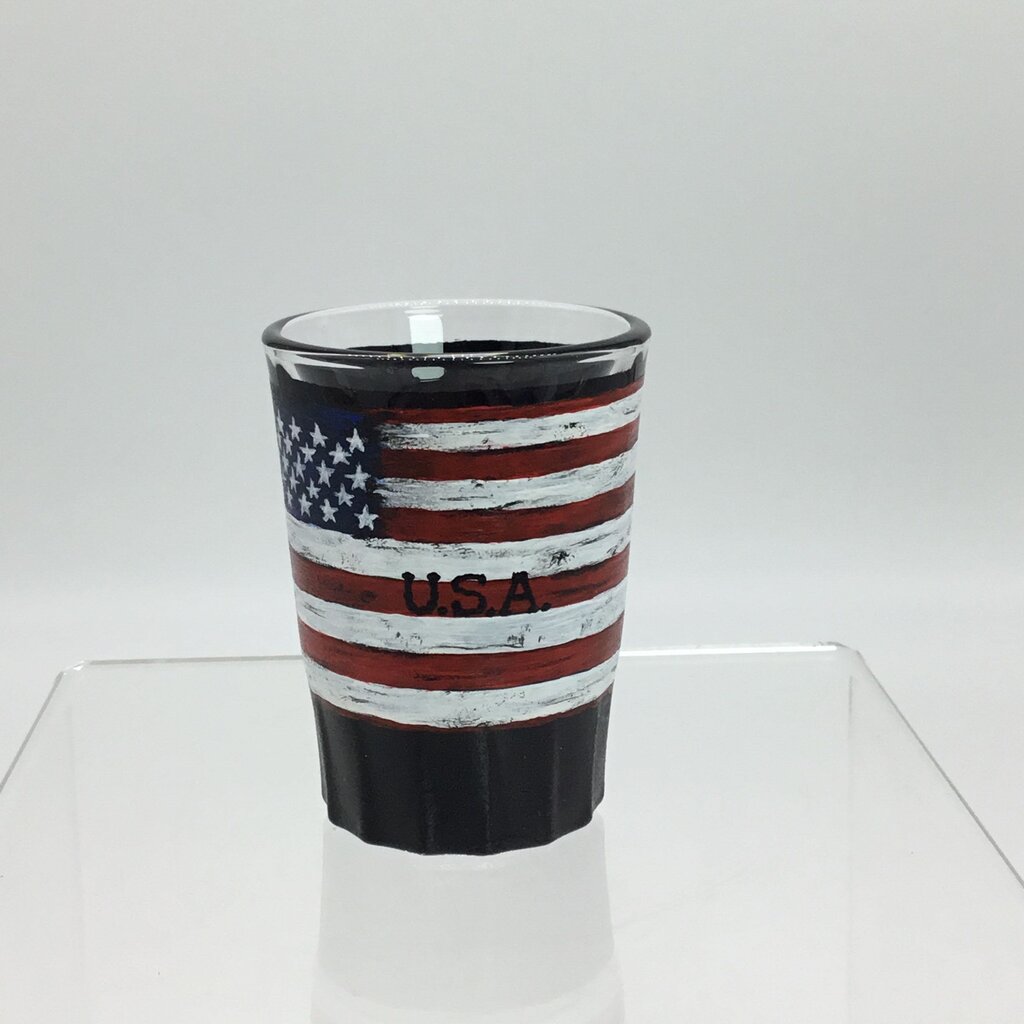 Rustic Flag, USA, Double Wall Shtgls 2 oz, Black Hand Painted, Heat-Cured, Hand-Wash