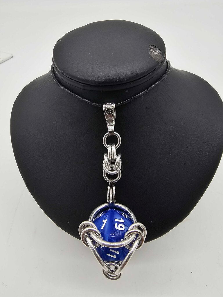 Caged D20 Necklace - Blue Marble, 20 inch Black Cord
