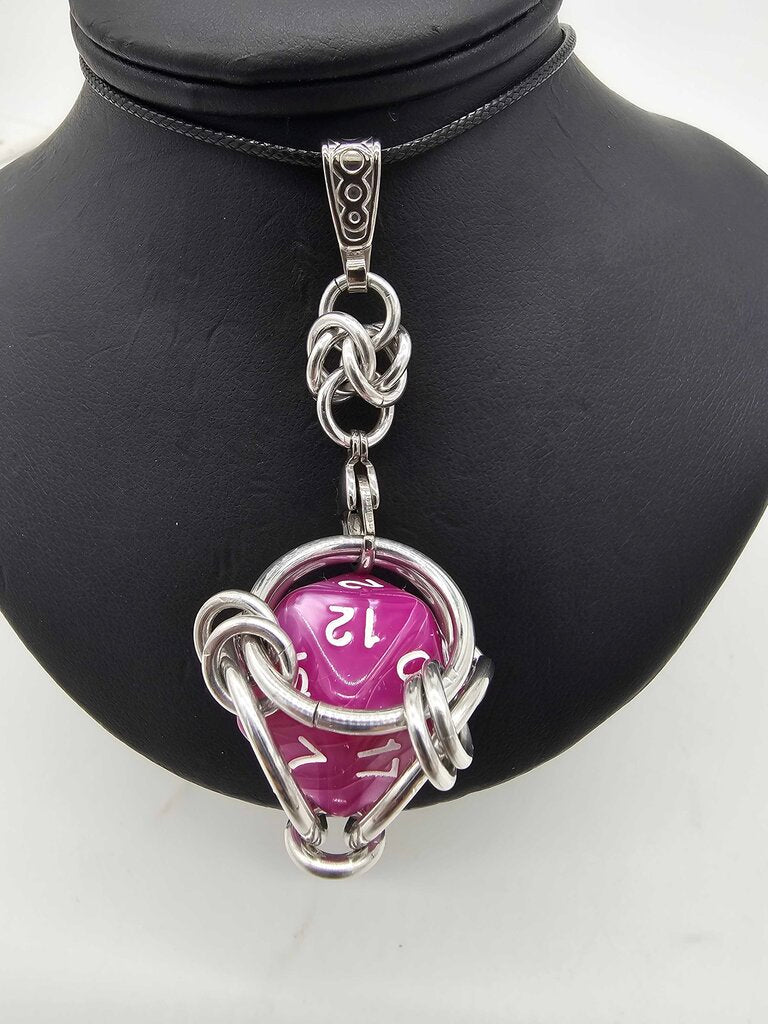 Caged D20 Necklace - Pinky Purple Marble, 20 inch Black Cord