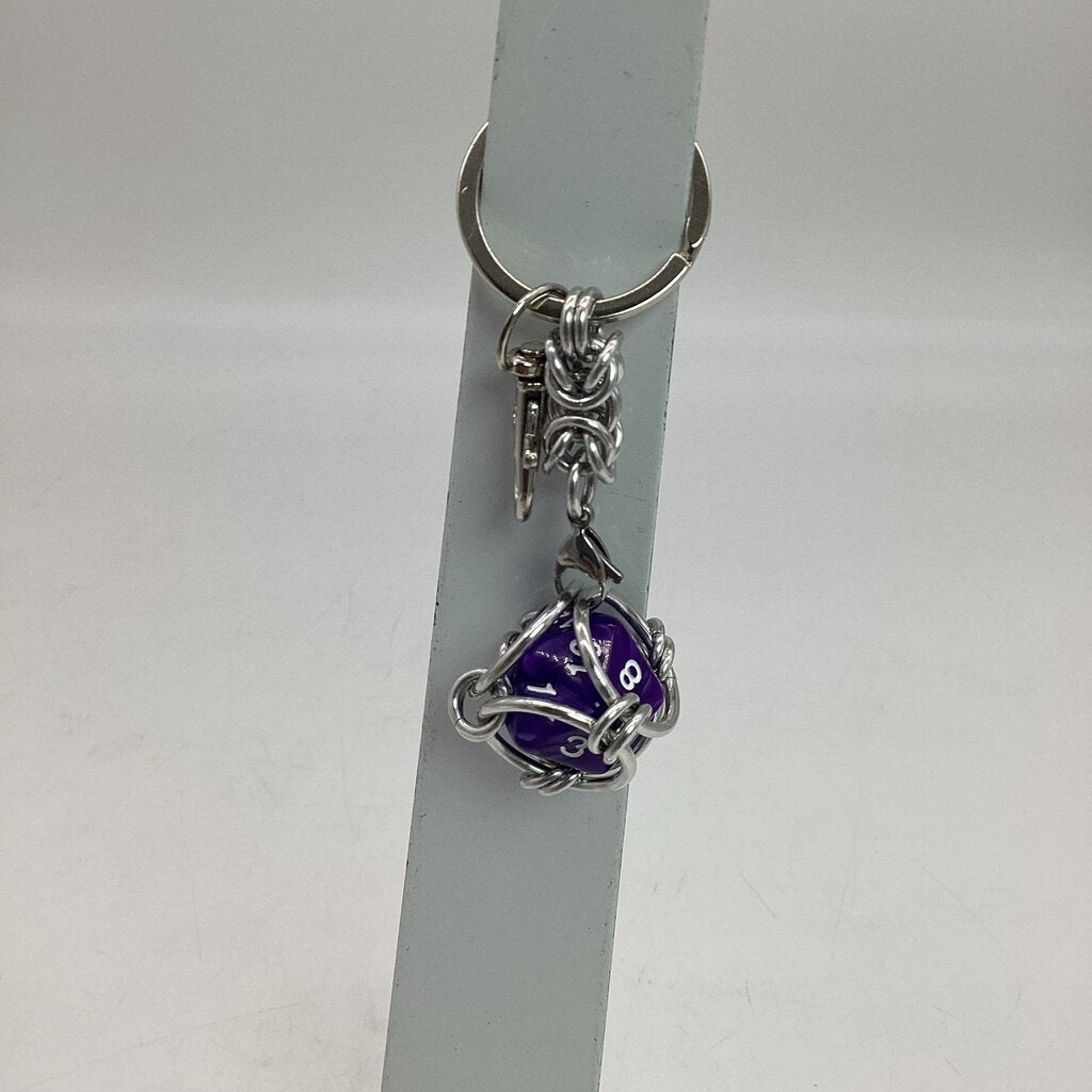 Caged D20 Keychain - Purple Marble D20, Silver Byzantine