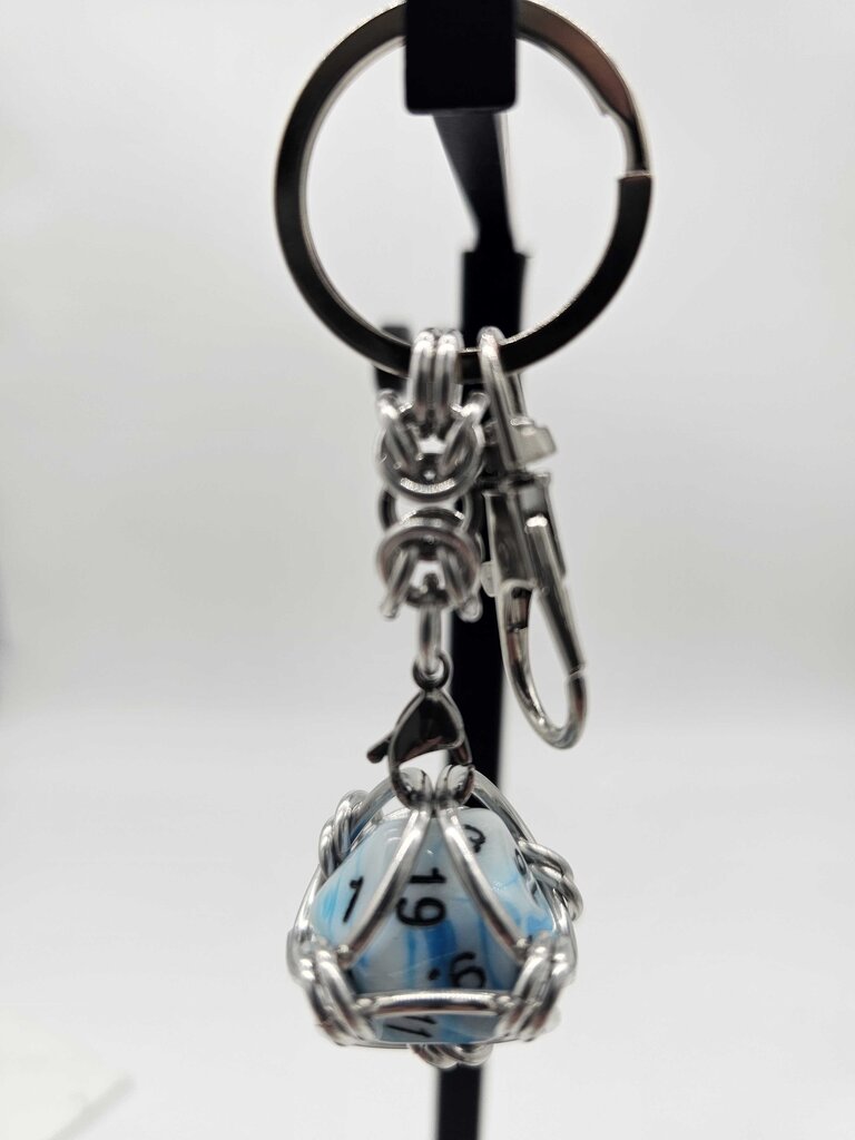 Caged D20 Keychain - Dark Blue White Marble D20, Silver Byzantine