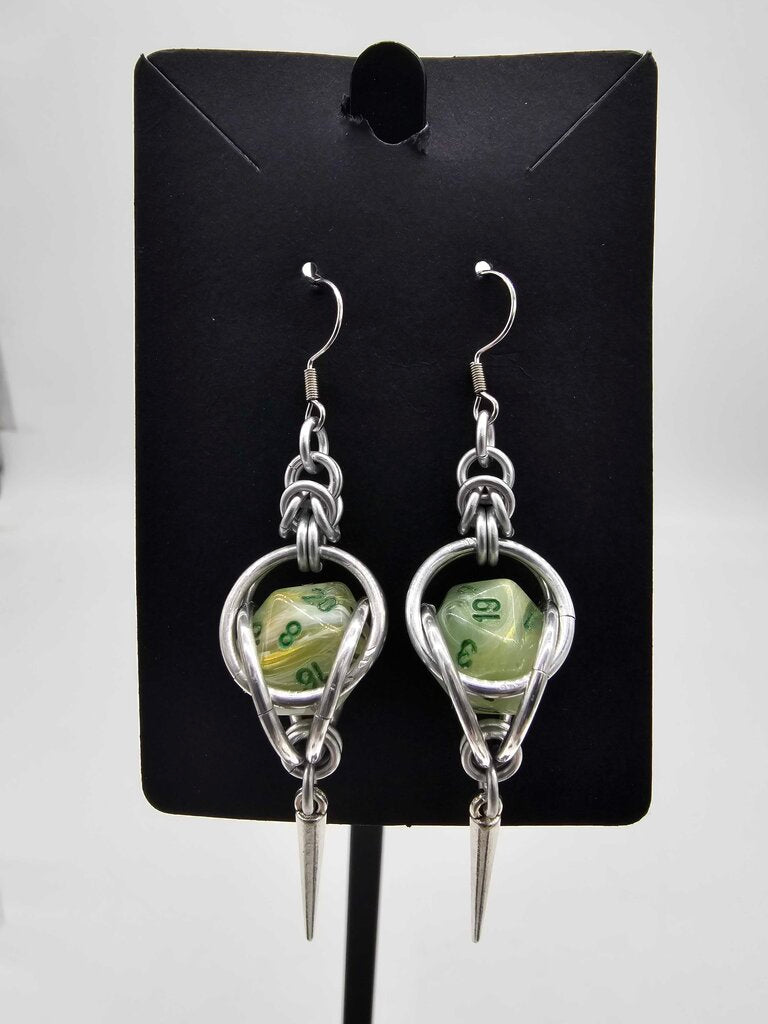 Mini D20 Earrings Silver with Light Marble Green D20 and Spike