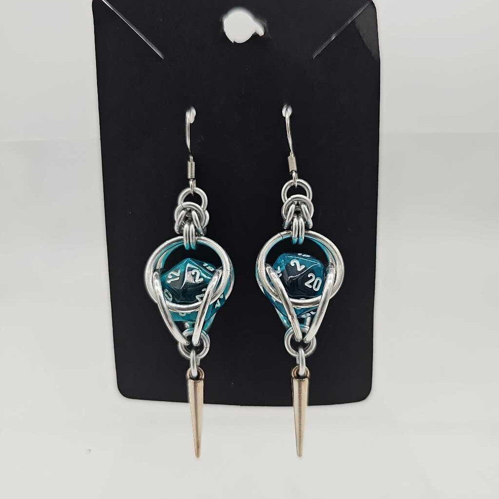 Mini D20 Earrings Silver with translucent teal D20 and Spike