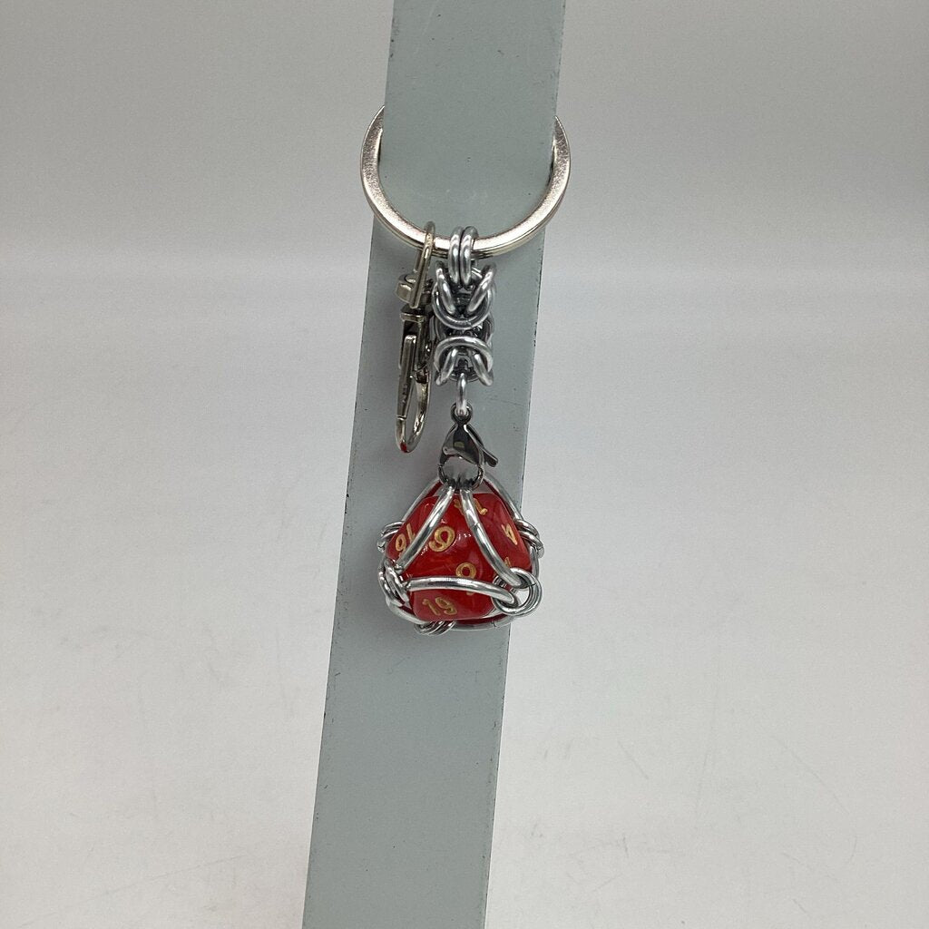 Caged D20 Keychain - Red Marble D20, Silver Byzantine