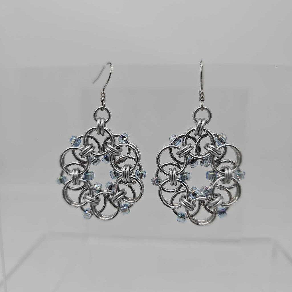 Silver Beaded Helm Flower Earrings, Surgical Steel Ear Wires