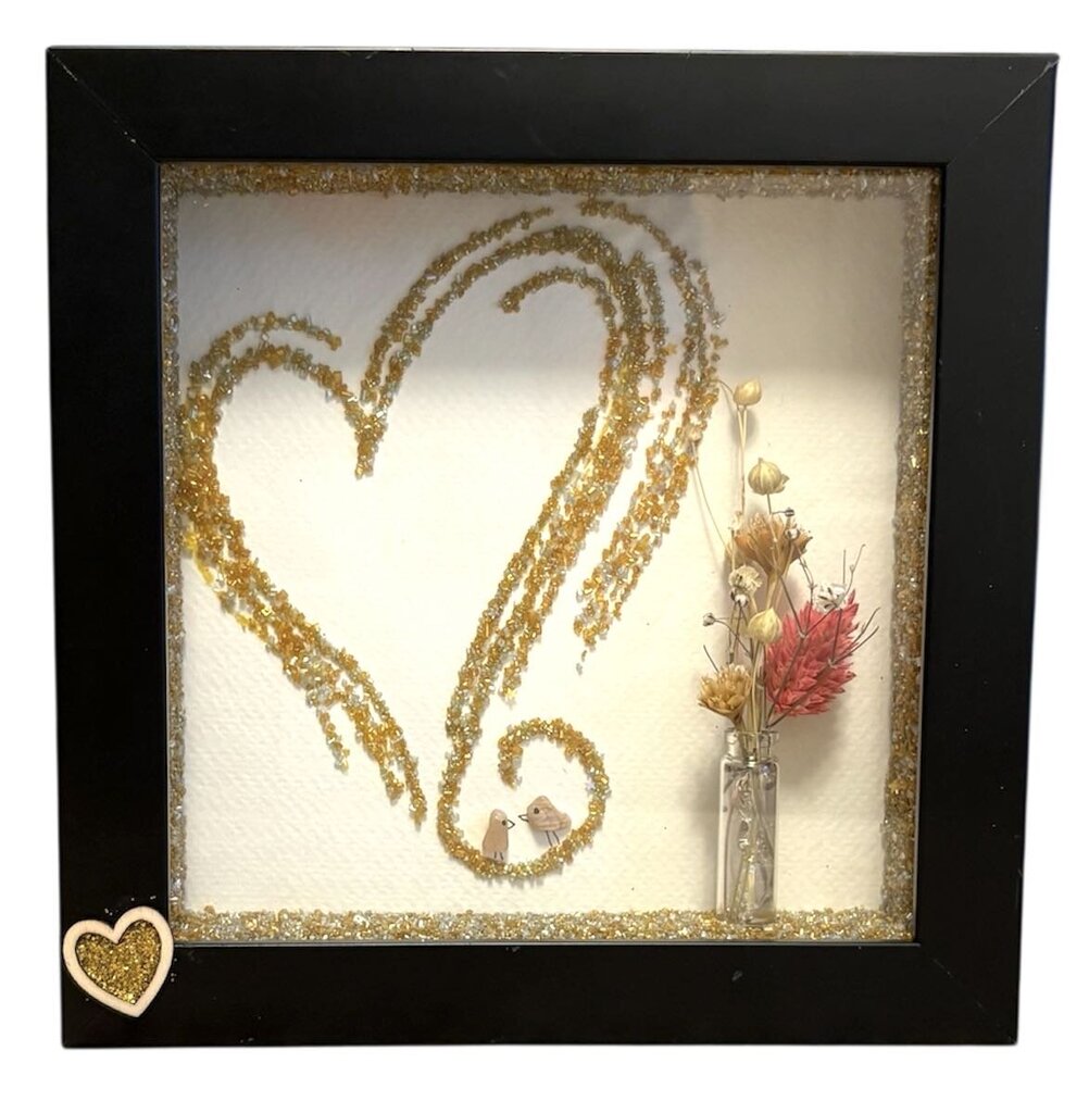 Shadowbox with Gold glitter heart with vase/flowers