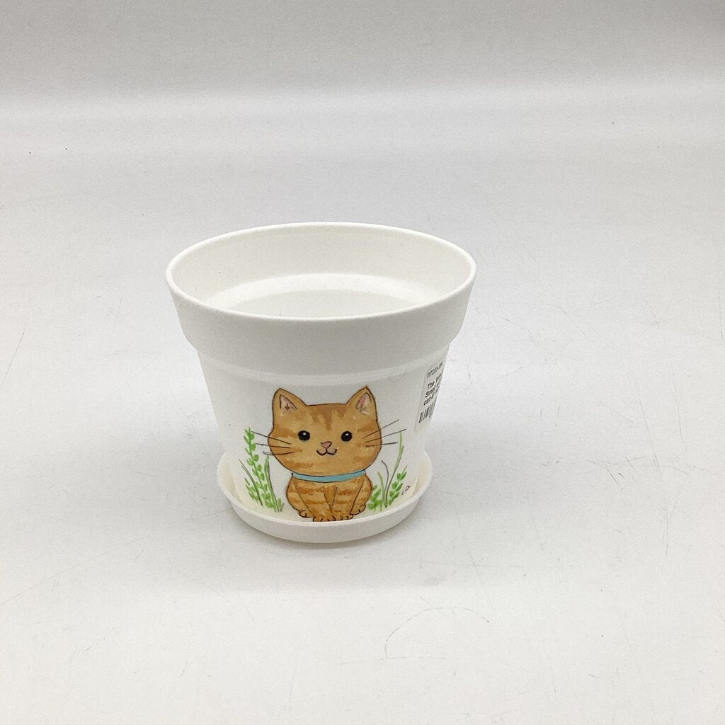 Small white pot w/yellow tiger cat-E