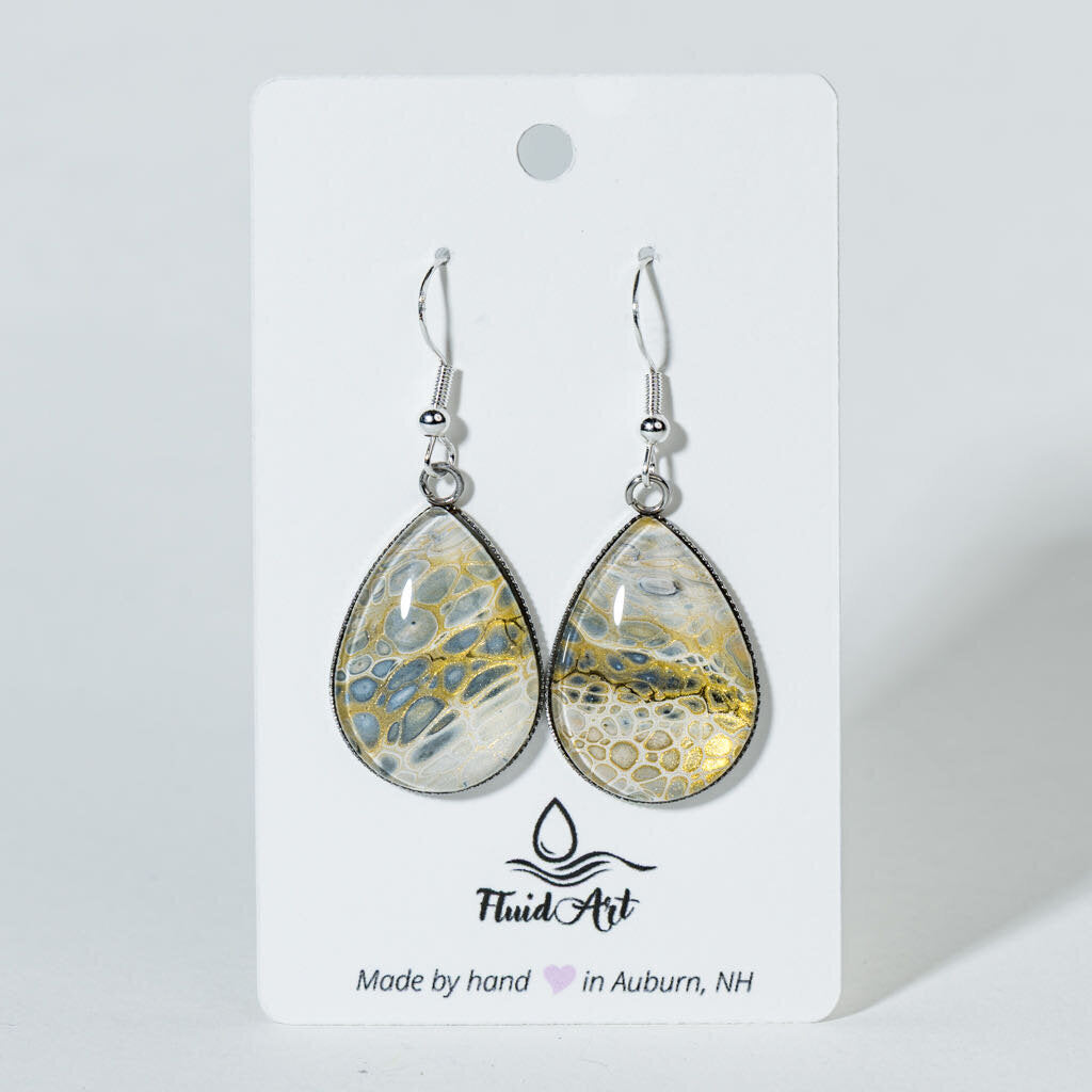 Large Teardrop Fluid Art Earrings - iridescent gold, grey