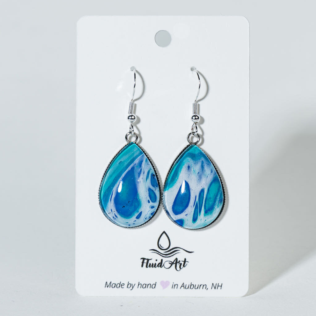 Large Teardrop Fluid Art Earrings - Blue teal green white