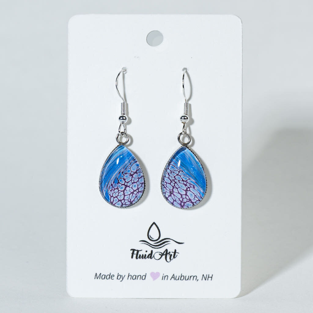 Medium Teardrop Fluid Art Earrings - blue magenta, white
