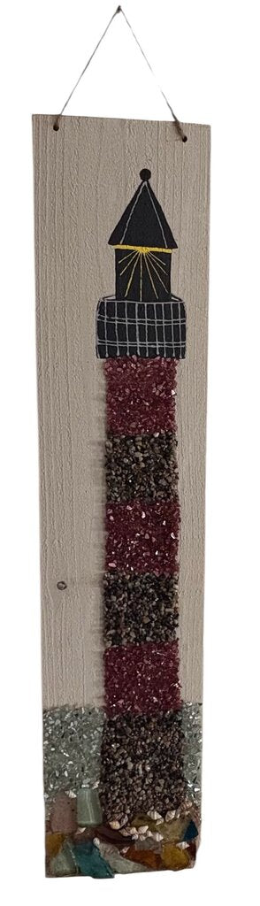 tall Lighthouse on wood, crushed glass and sea glass