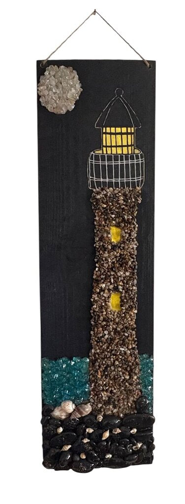 tall Lighthouse on wood w/crushed rocks, moon, blk rocks