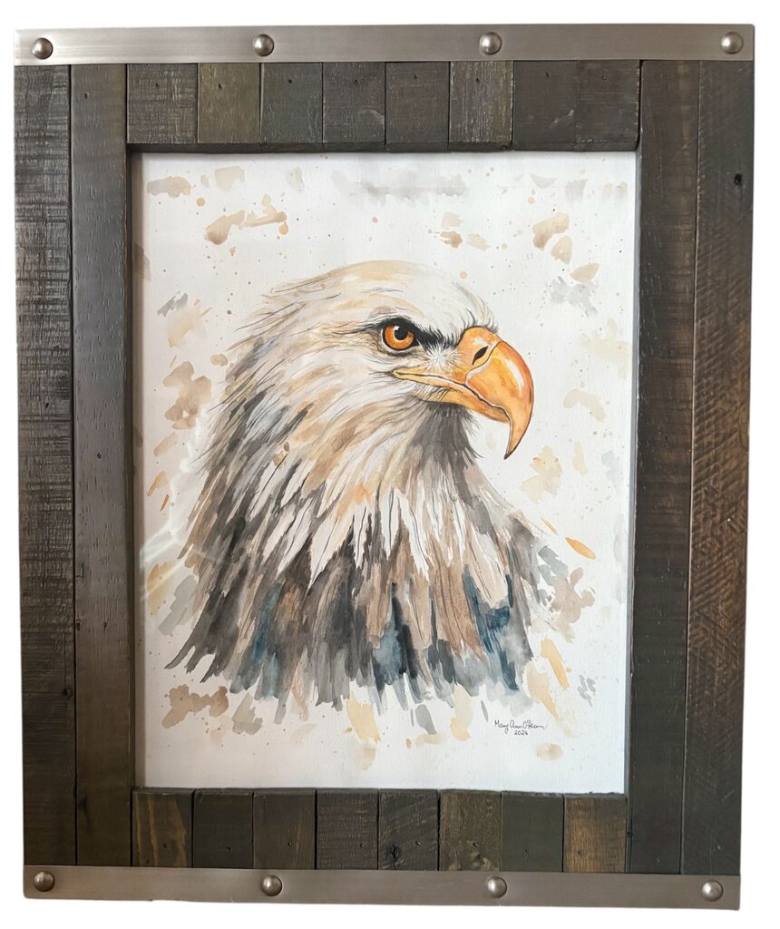 Original watercolor Eagle head in wood frame