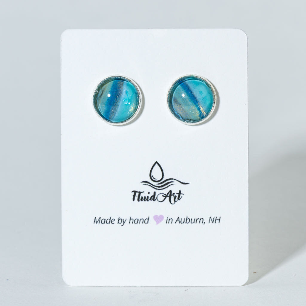 Round Fluid Art Post Earrings - blue gold on silver