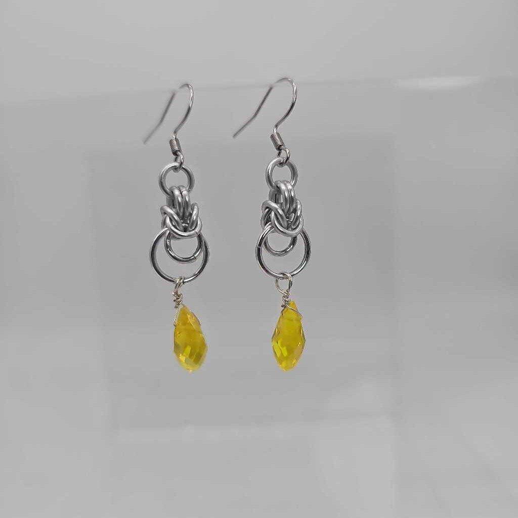 Silver Half Byzantine with Yellow Crystal Drop Earrings