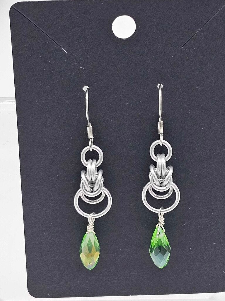 Silver Half Byzantine with Light Green Crystal Drop Earrings