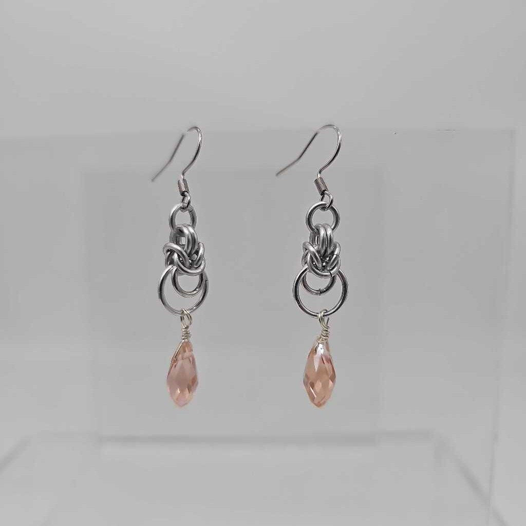 Silver Half Byzantine with Peach Crystal Drop Earrings