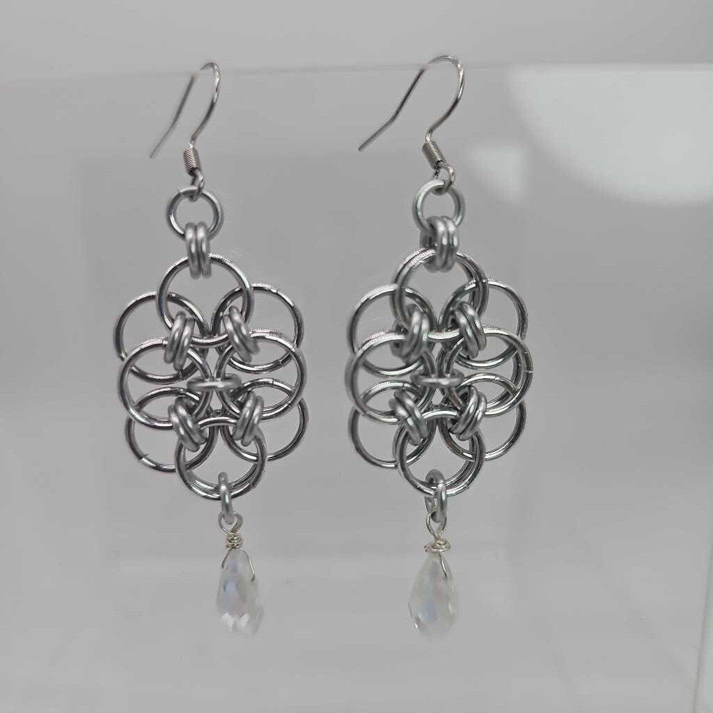 Silver Double Helm with White Crystal Drop Earrings