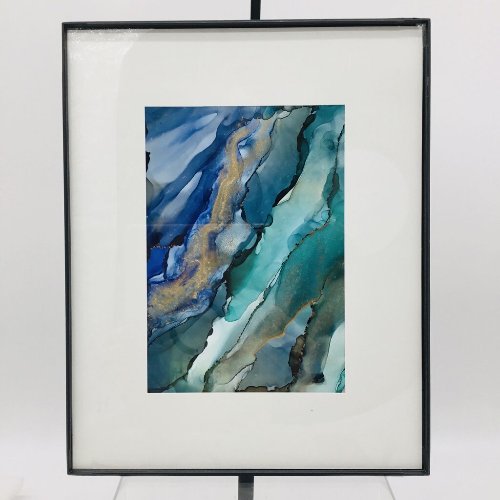 5x7 Painting Teal/Blue/Gold Abstract -Pop-in Frame