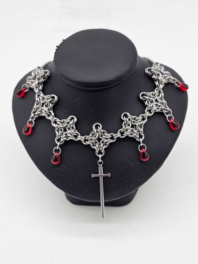 Stainless Steel Byzantine Diamond Necklace with Sword and Red Drops