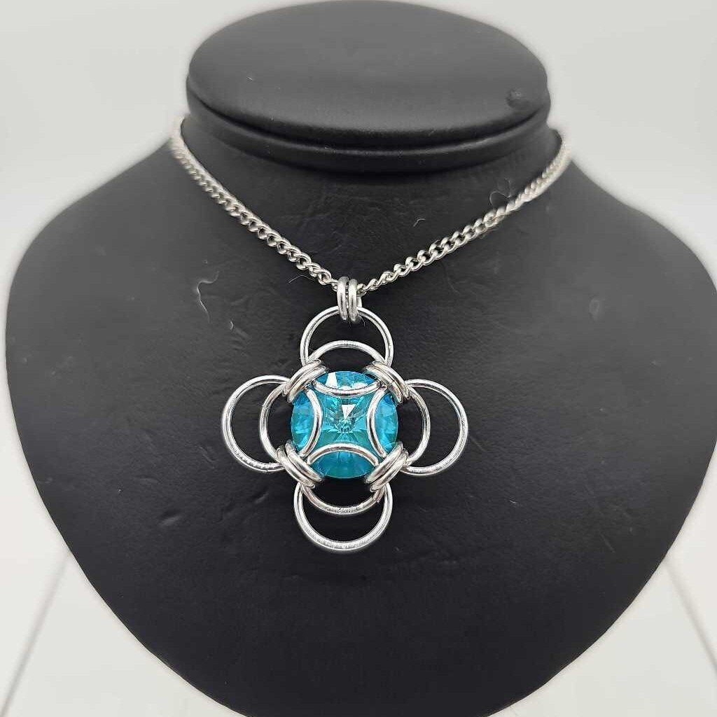 Silver Morning Star 14mm Laguna Blue Crystal, 18 inch stainless steel chain