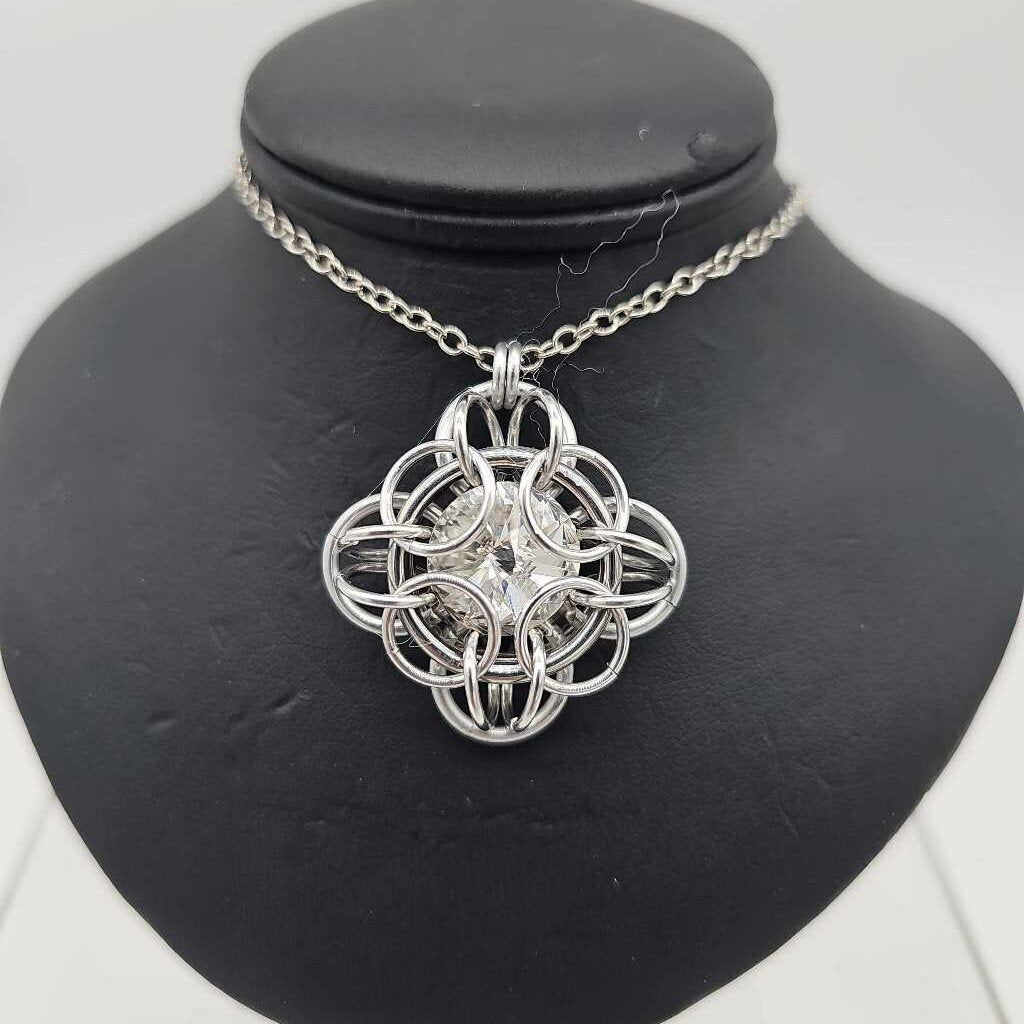Silver Oriana 14mm White Diamond Crystal, 18 inch stainless steel chain