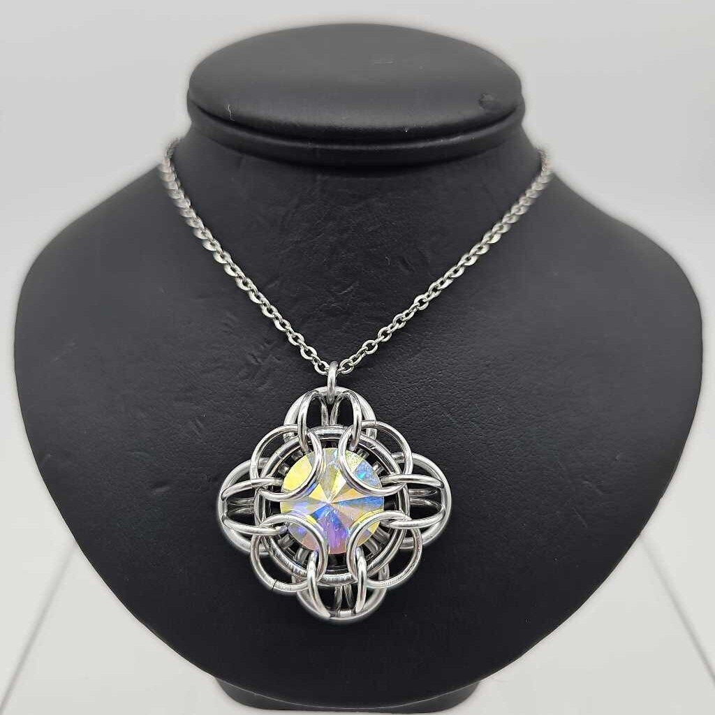 Silver Oriana 14mm AB Blue Crystal, 18 inch stainless steel chain