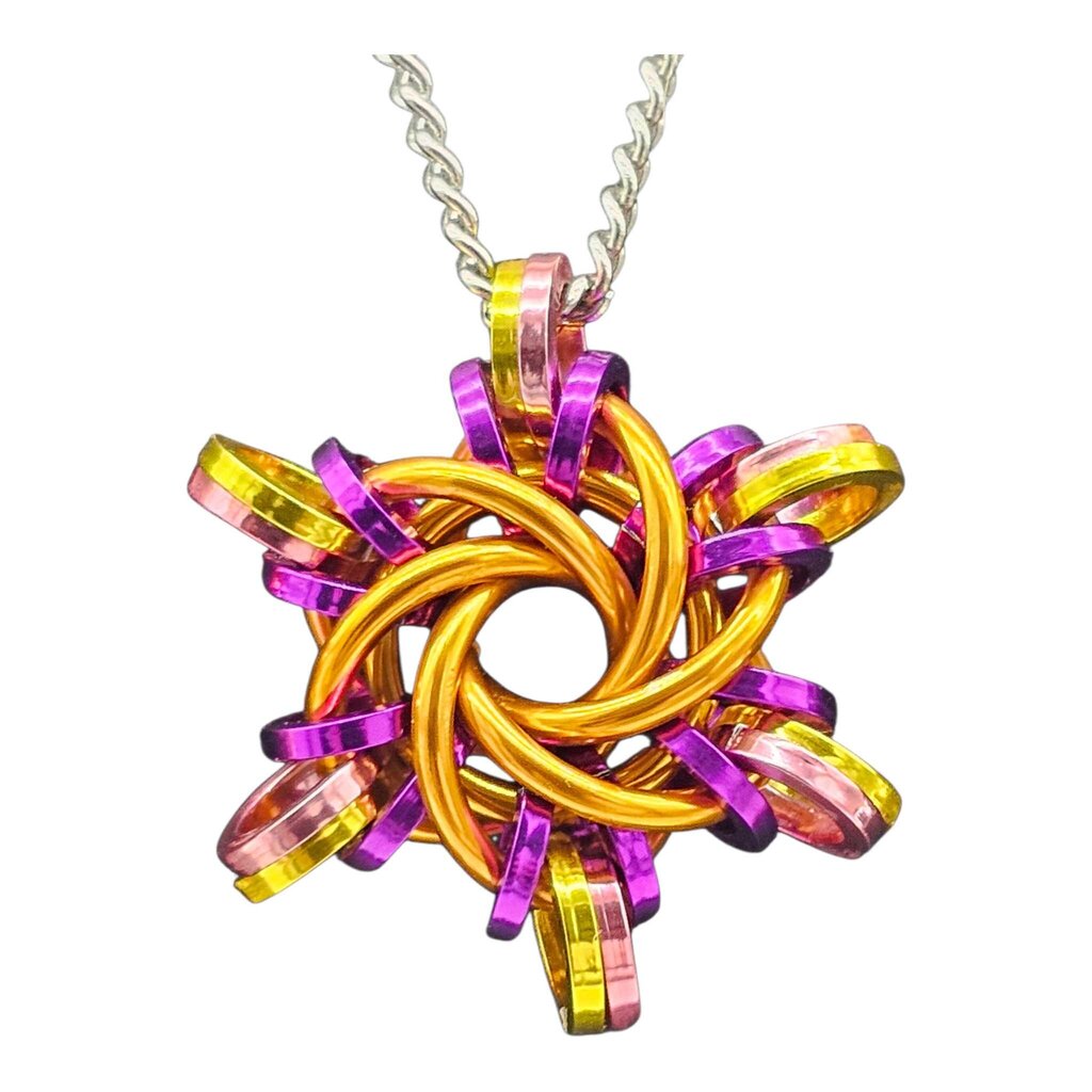 Orange, Purple, Gold Starry Night Pendant, 18 inch stainless steel chain