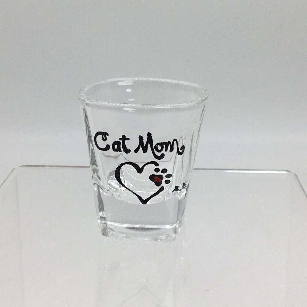 CAT MOM Shot Glass, Large Heart, Pawprint, Hand-painted, Heat-cured.