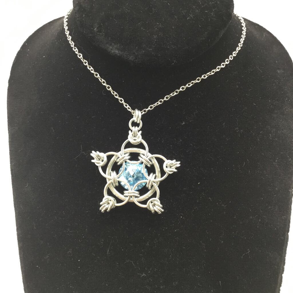 Silver Star 14mm Aquamarine Blue Crystal, 20 inch chain
