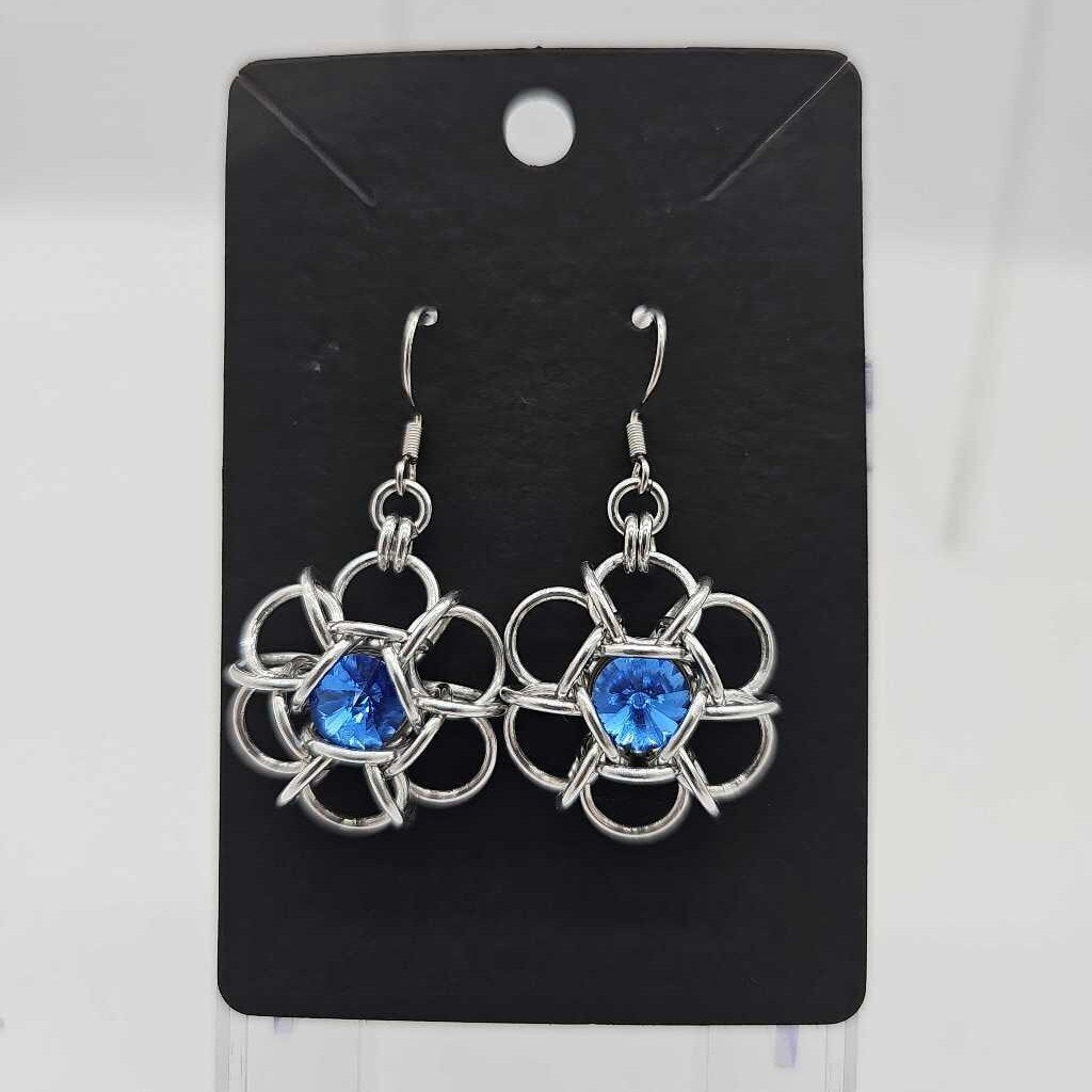 Silver and Sapphire Blue Crystal Flower Earrings, Surgical Steel Ear Wires