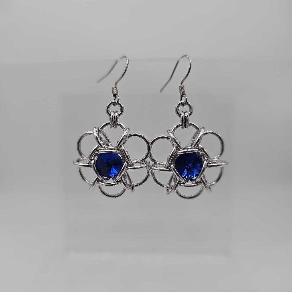 Silver and Dark Sapphire Blue Crystal Flower Earrings, Surgical Steel Ear Wires