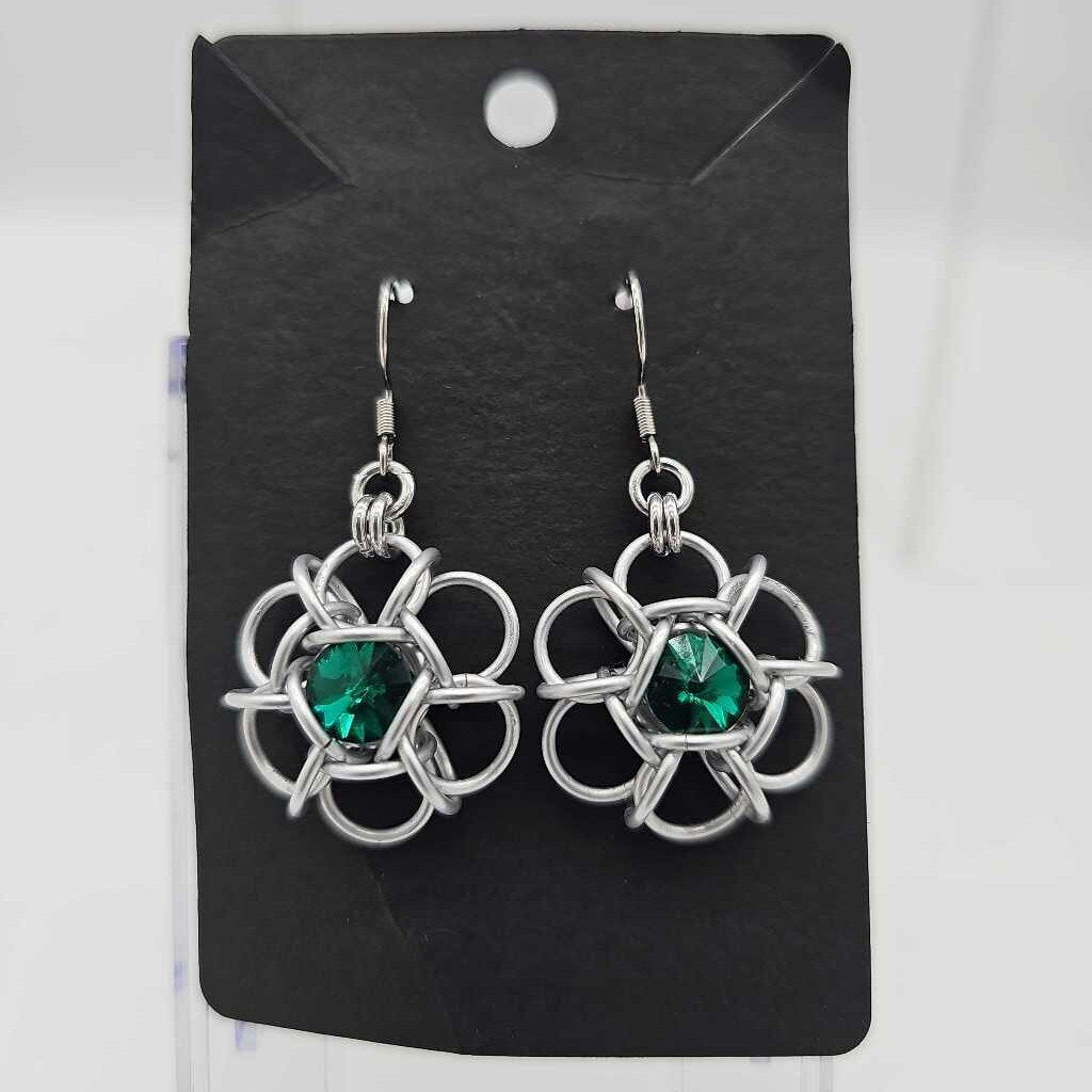 Silver and Emerald Green Crystal Flower Earrings, Surgical Steel Ear Wires