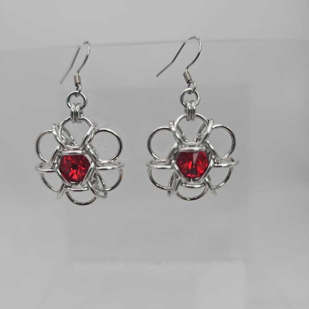 Silver and Siam Red Crystal Flower Earrings, Surgical Steel Ear Wires