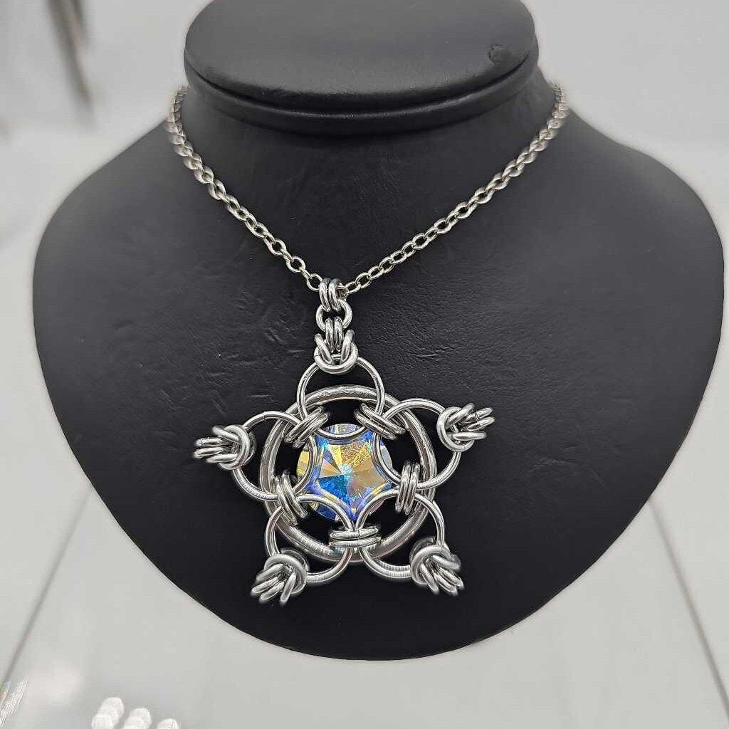 Silver Star 14mm AB Blue Crystal, 20 inch chain