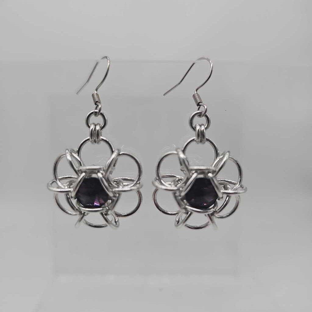 Silver Flower 8mm Amethyst Crystal Earrings, Surgical Steel Ear Wires