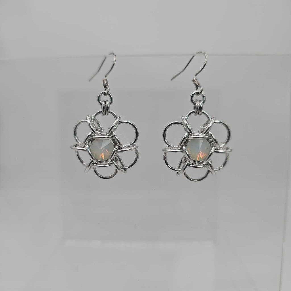 Silver Flower 8mm Opal Crystal Earrings, Surgical Steel Ear Wires