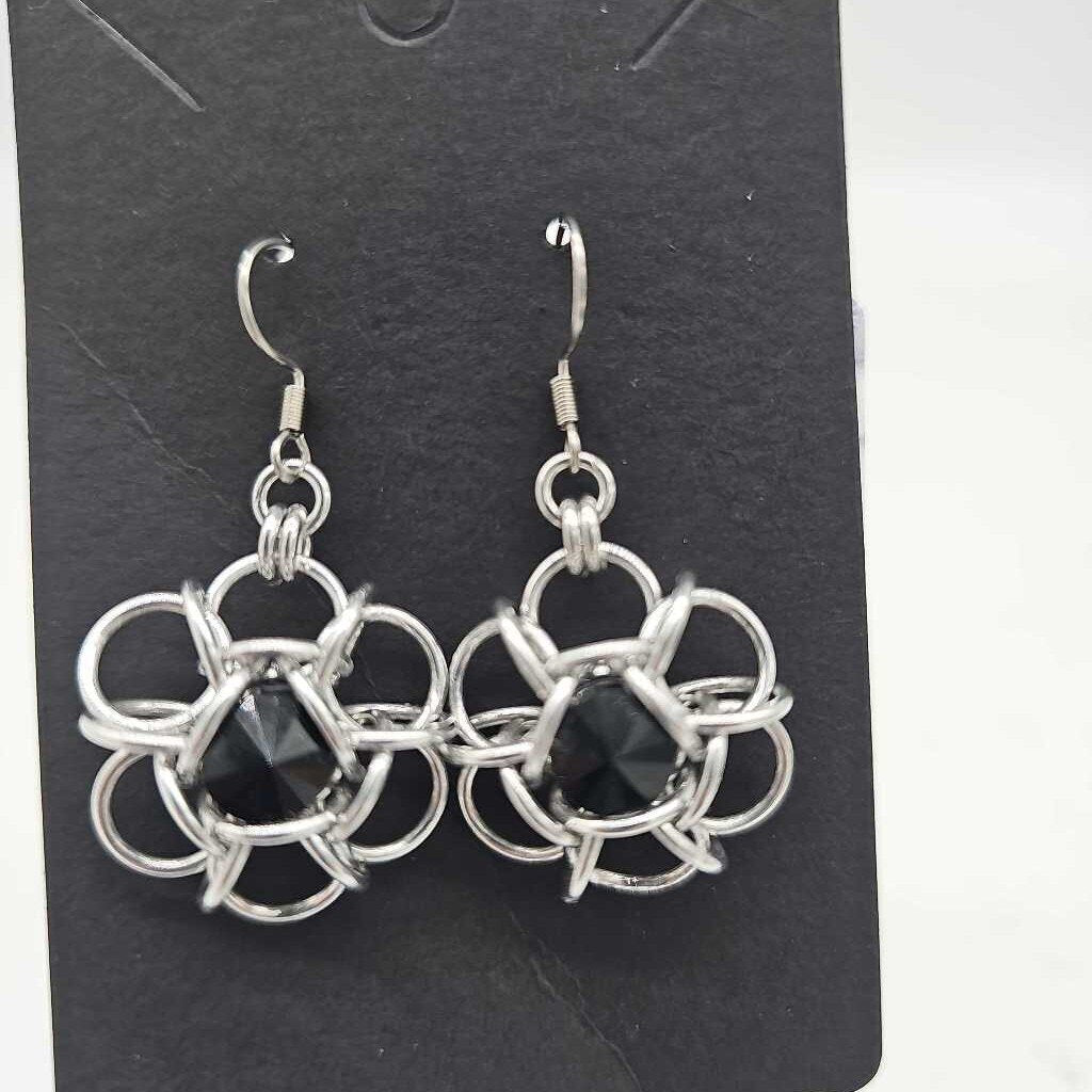 Silver Flower 8mm Jet Black Crystal Earrings, Surgical Steel Ear Wires