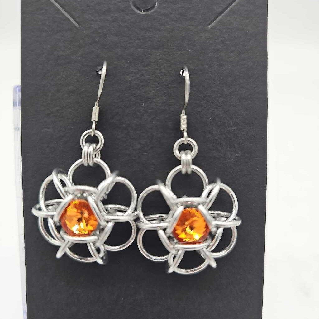 Silver Flower 8mm Hyacinth Orange Crystal Earrings, Surgical Steel Ear Wires