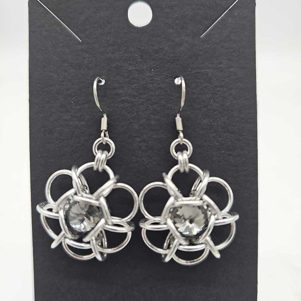 Silver Flower 8mm Black Diamond Crystal Earrings, Surgical Steel Ear Wires