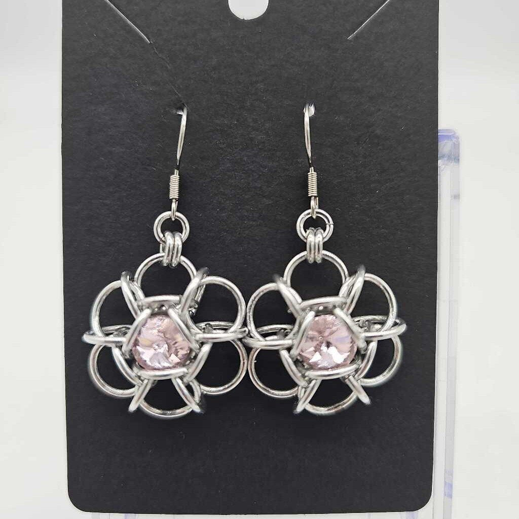 Silver Flower 8mm Light Pink Crystal Earrings, Surgical Steel Ear Wires