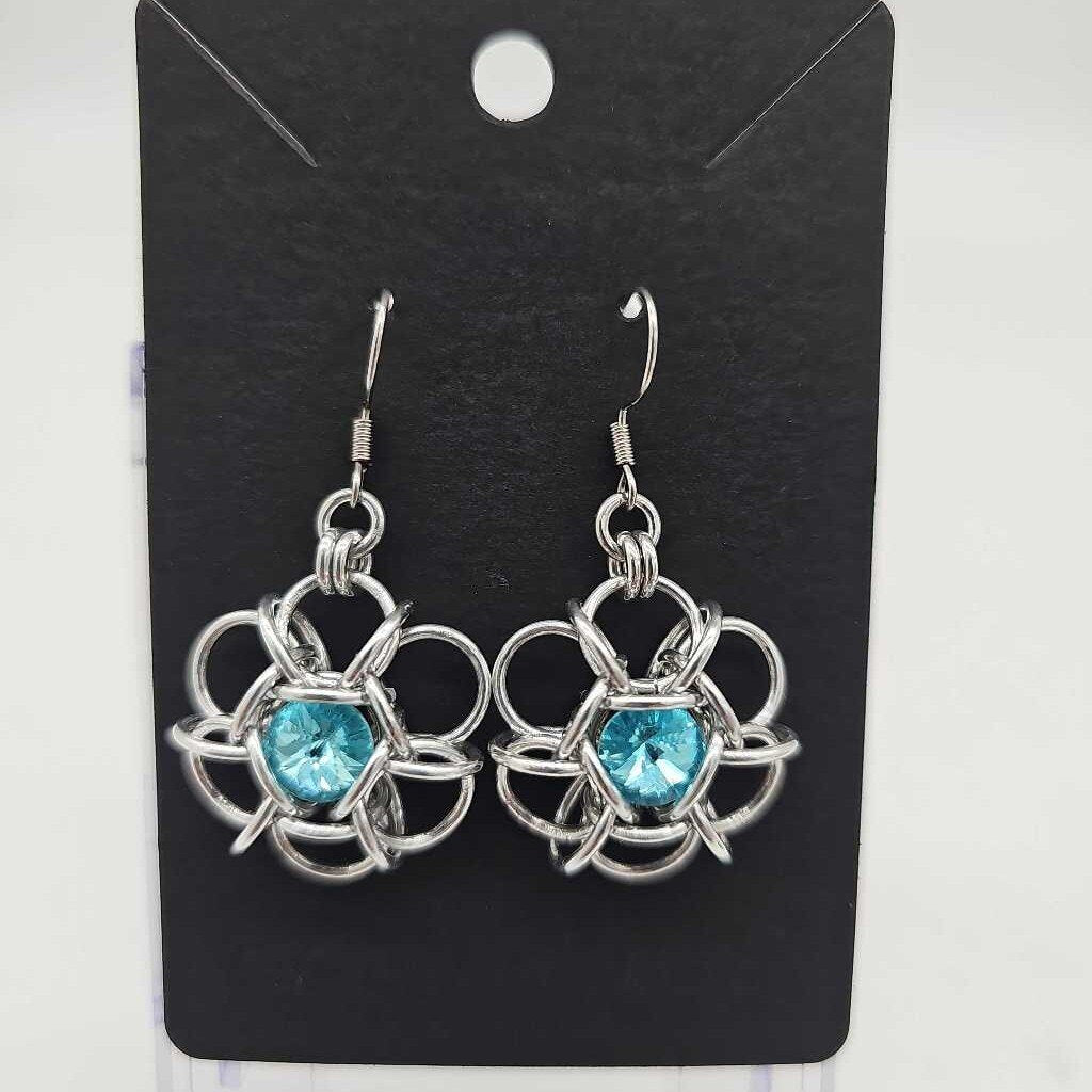 Silver Flower 8mm Aquamarine Blue Crystal Earrings, Surgical Steel Ear Wires