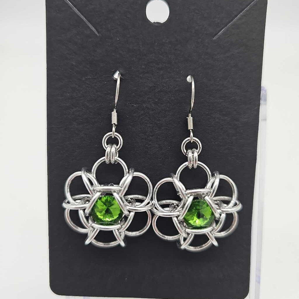 Silver Flower 8mm Fern Green Crystal Earrings, Surgical Steel Ear Wires
